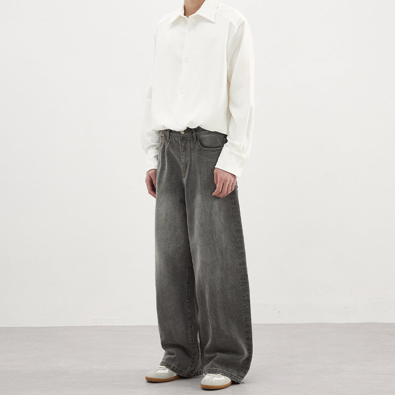 Mænds Simple Basic Vaskede Grå Denim Jeans Til Efterår/Vinter