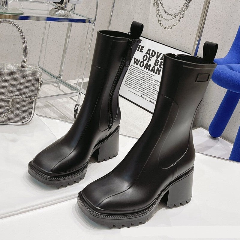 Fashion Square Toe Solid Color All-match Zipper To Increase The Tide Of Thick-soled Mid-tube Rain Boots