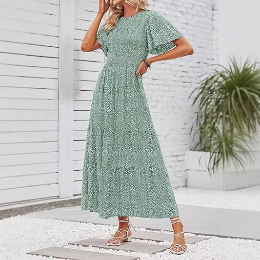 Women's Short-Sleeve Crew-Neck Bohemian Beach Dress