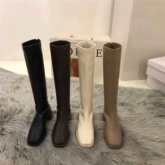 Autumn And Winter Plus Velvet Khaki High-top Knight Boots White Short Boots