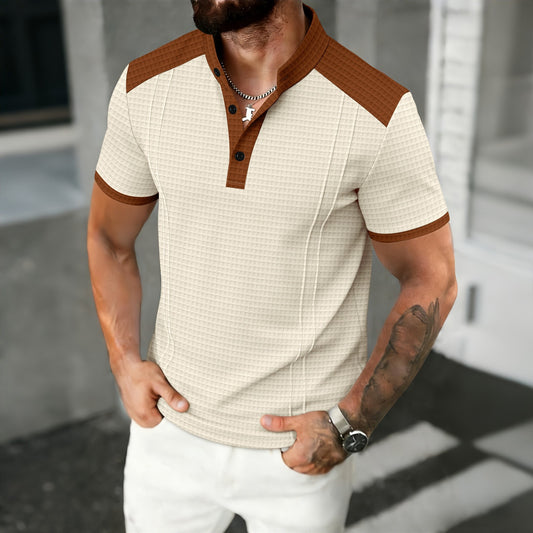 Men's Waffle-Weave Contrasting Color Short-Sleeve Casual Breathable Top