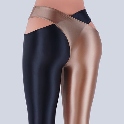 Glossy Leggings Patchwork Color Cross Open Crotch Pants
