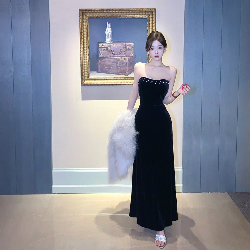 Luxury Celebrity-style Strapless Evening Gown Velvet Waist-Cinched Maxi Dress