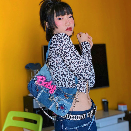 Denim Patchwork Spice Retro Street Underarm Taske Flerlags Kæde