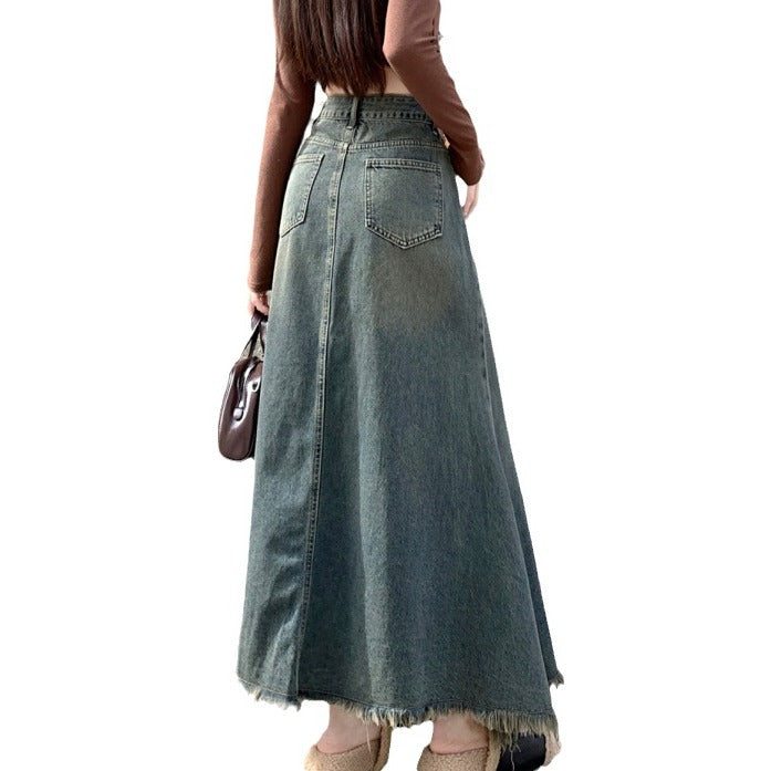 Autumn High Waist Retro Denim A- Line Overall Dress