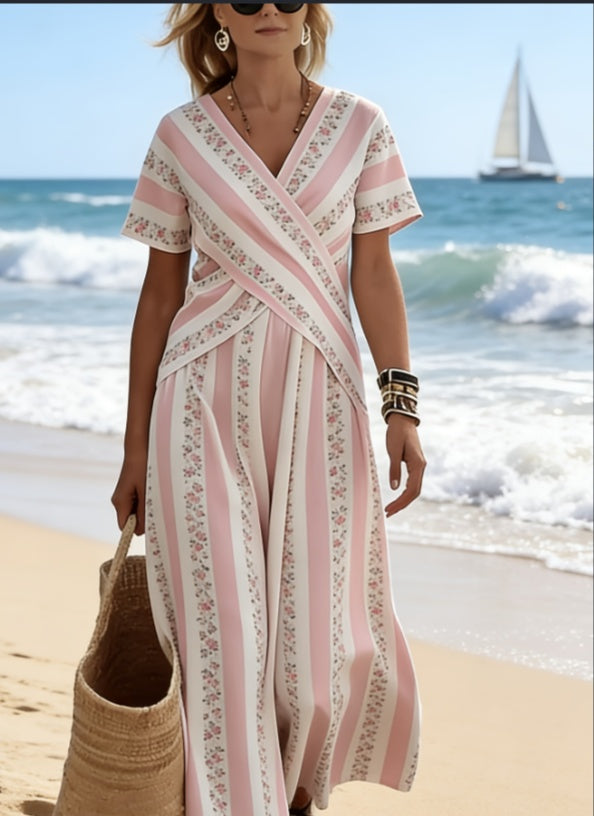 Cross-V-neck Striped Floral Long Skirt