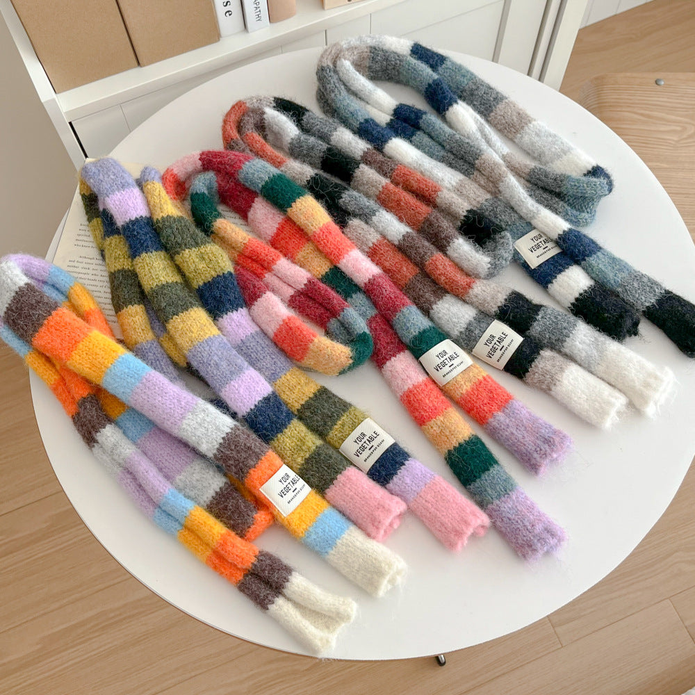 Versatile Narrow Rainbow-colored Retro Slim Long Scarf With A Chic Knitted Design