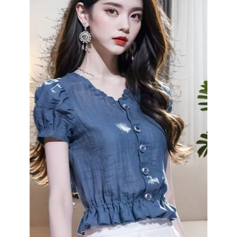 Summer French Blue Puff Sleeve Short Shirt