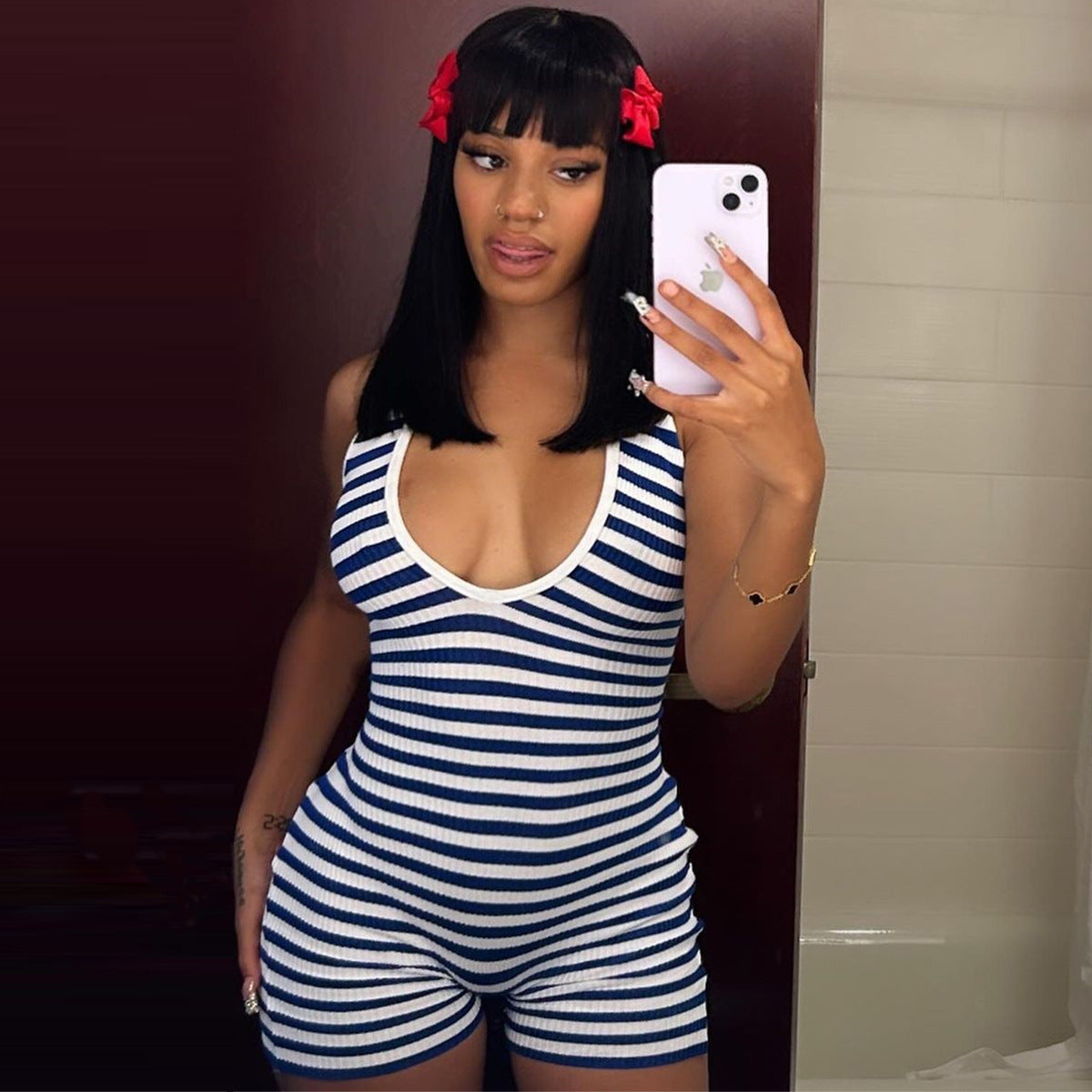 Fashion Detachable Neck Strap Slim Striped Jumpsuit