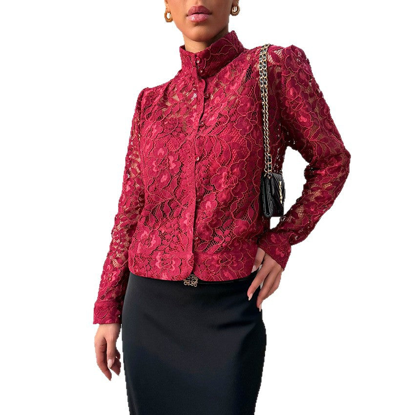 Fashionable Lace Blouse For Women Cardigan-style Top With A Stand-up Collar