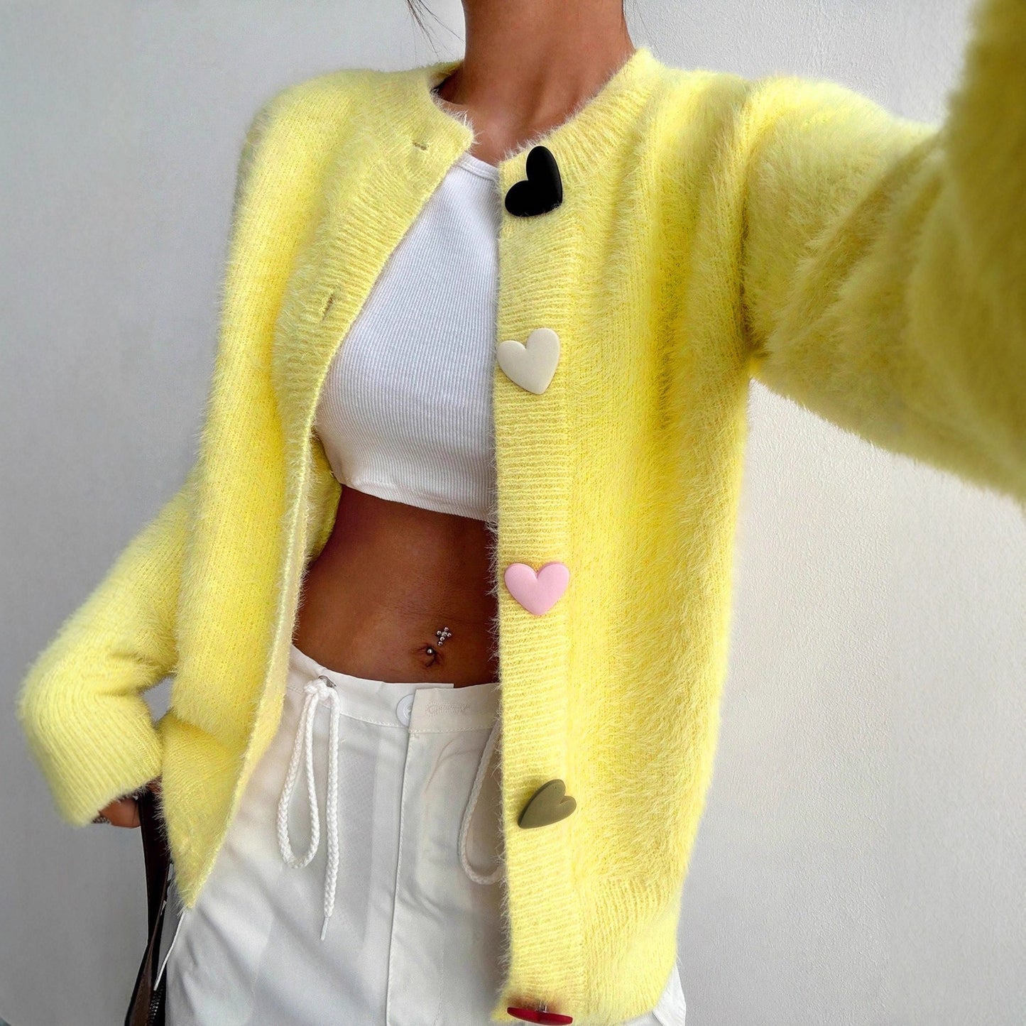 Crew Neck Casual Color Heart-shaped Button Sweater