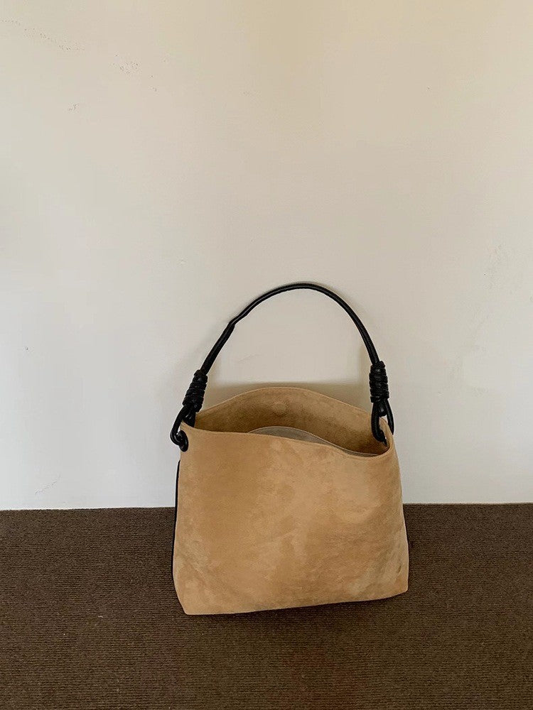 Autumn Winter Retro Suede Contrast Color One-shoulder Bucket Bag