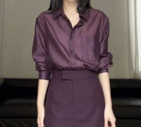 Fashionable Set Womens Blouse Top And Slimming High-Waist Slit Skirt