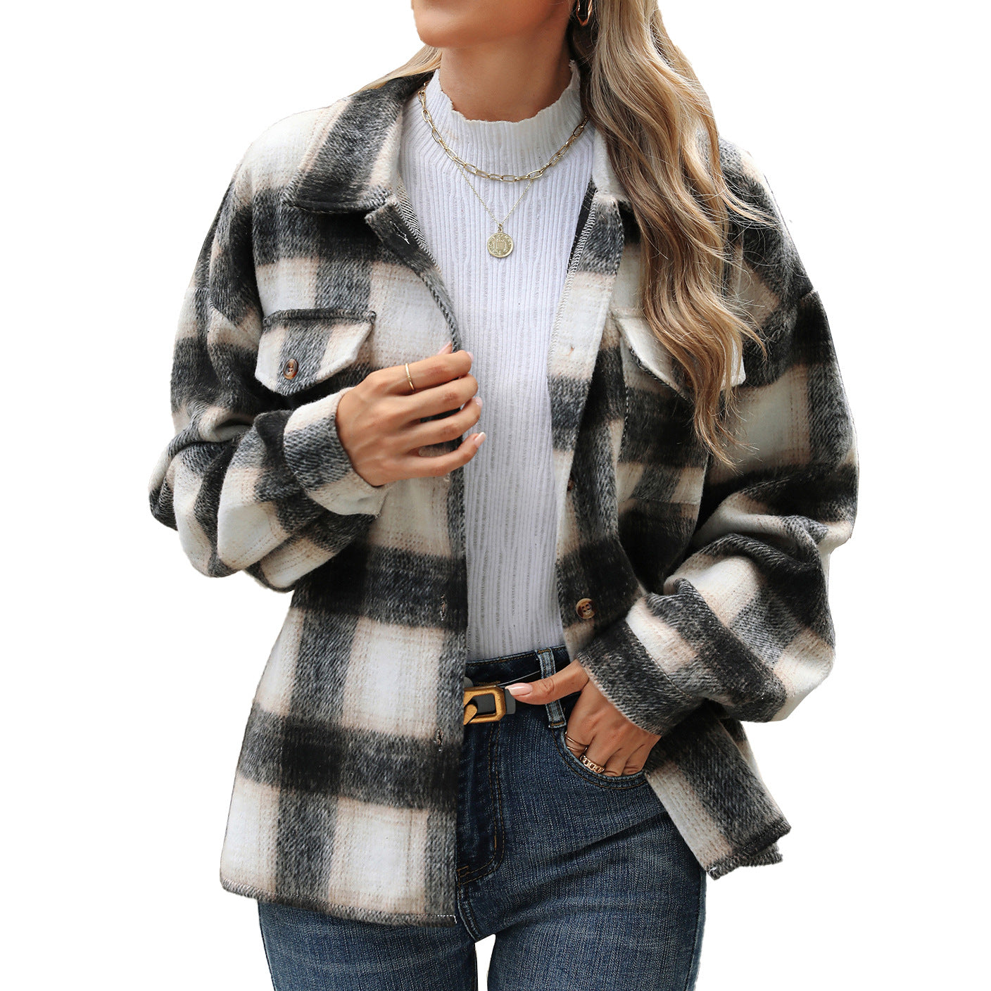 Polo Collar Stripes Plaid Pocket Loose Long-sleeved Woolen Coat