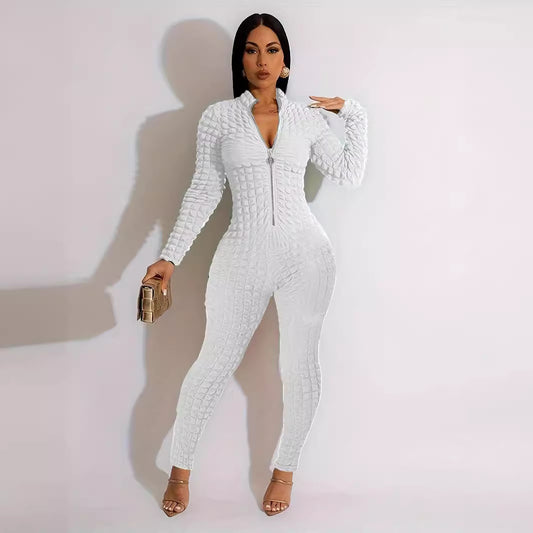 Solid Color Casual Popcorn Seersucker Zipper Jumpsuit
