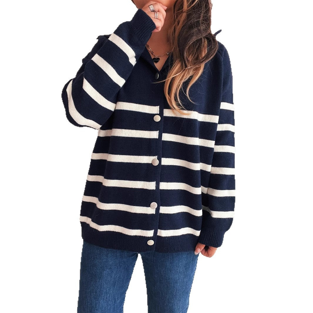Fashion Loose Button Casual Contrast Color Striped Knitted Sweater