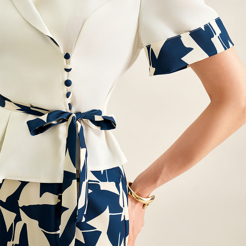 Womens Suit Shirt And Abstract Printed Sheath Midi Skirt Set