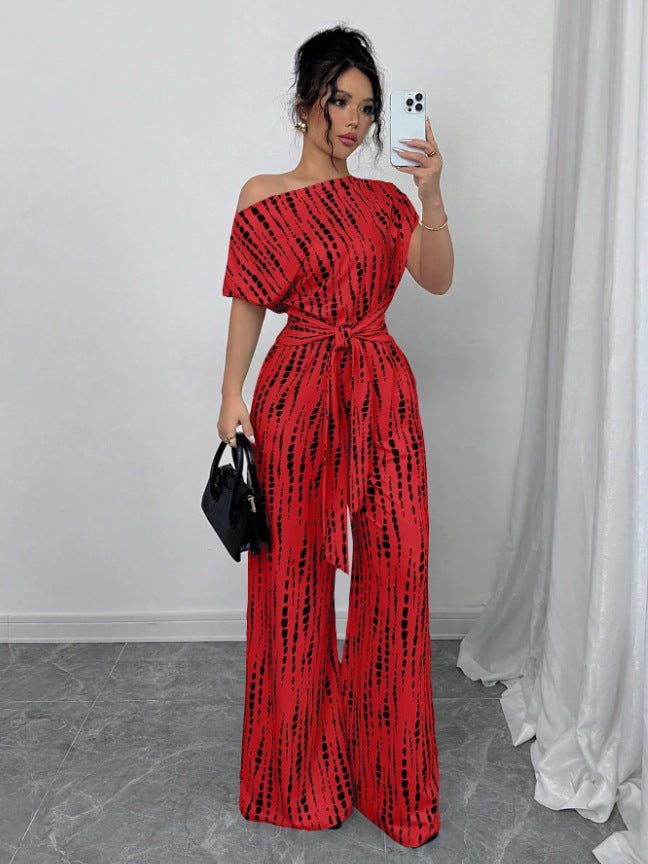 Vacation Style Slant Shoulder Strap Wide Leg Jumpsuit