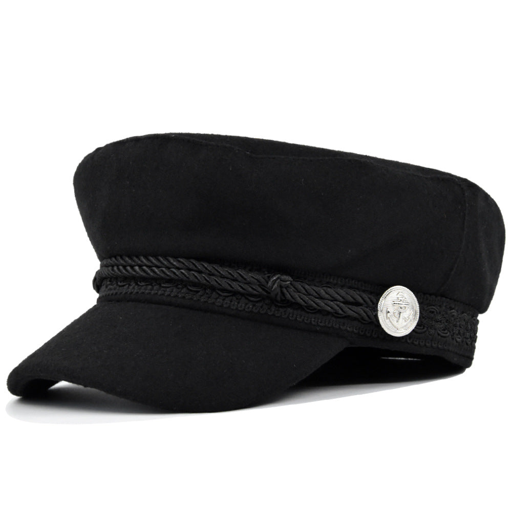 Women's Metal Buckle Octagonal Woolen Flat Hat