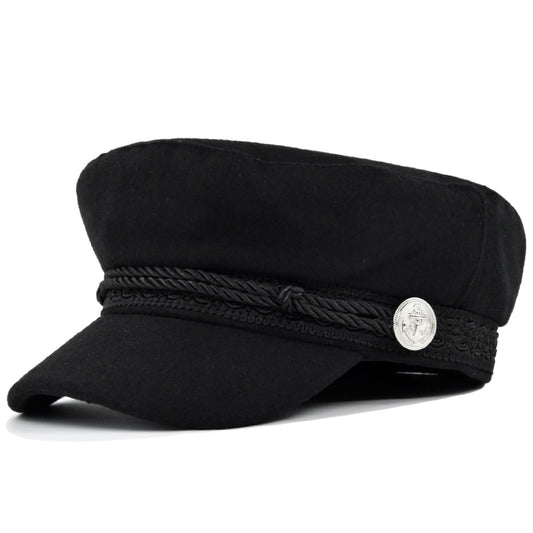 Women's Metal Buckle Octagonal Woolen Flat Hat