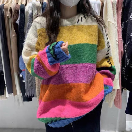 Rainbow Strip Loose Pullover Female