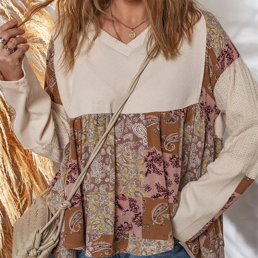 Beige Paisley Etni Print Kontrast Patchwork Langærmet Løs Top