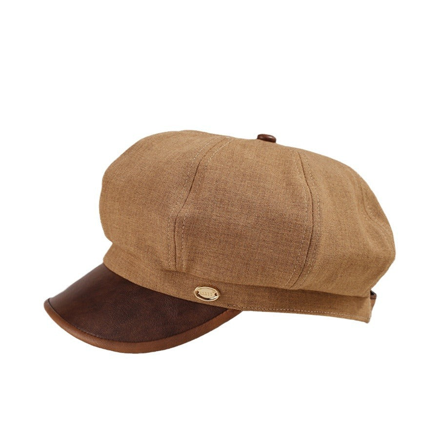 Cotton And Linen Octagonal Cap Artistic Stitching Leather Brim Big Head Suitable