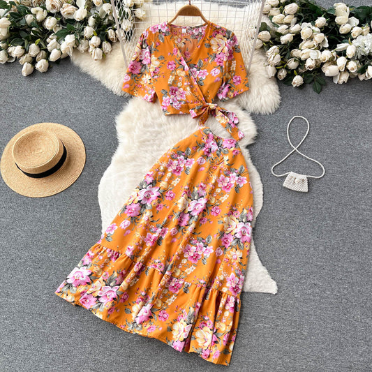 Floral Womens Cross V Neck Strap Crop Top And High Waisted Flared Skirt Two Piece Set