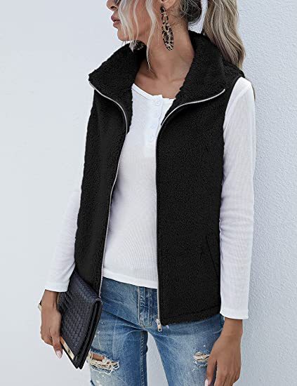 Plush Stand Collar Sleeveless Zipper Lightweight Vest