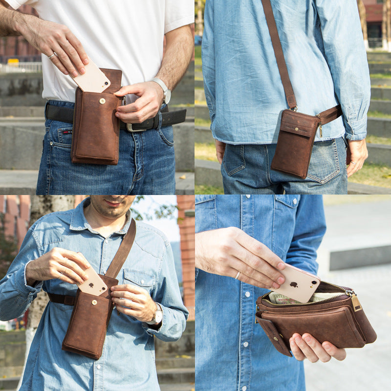 Retro Crazy Horse And Cow Leather Men's Phone Bag