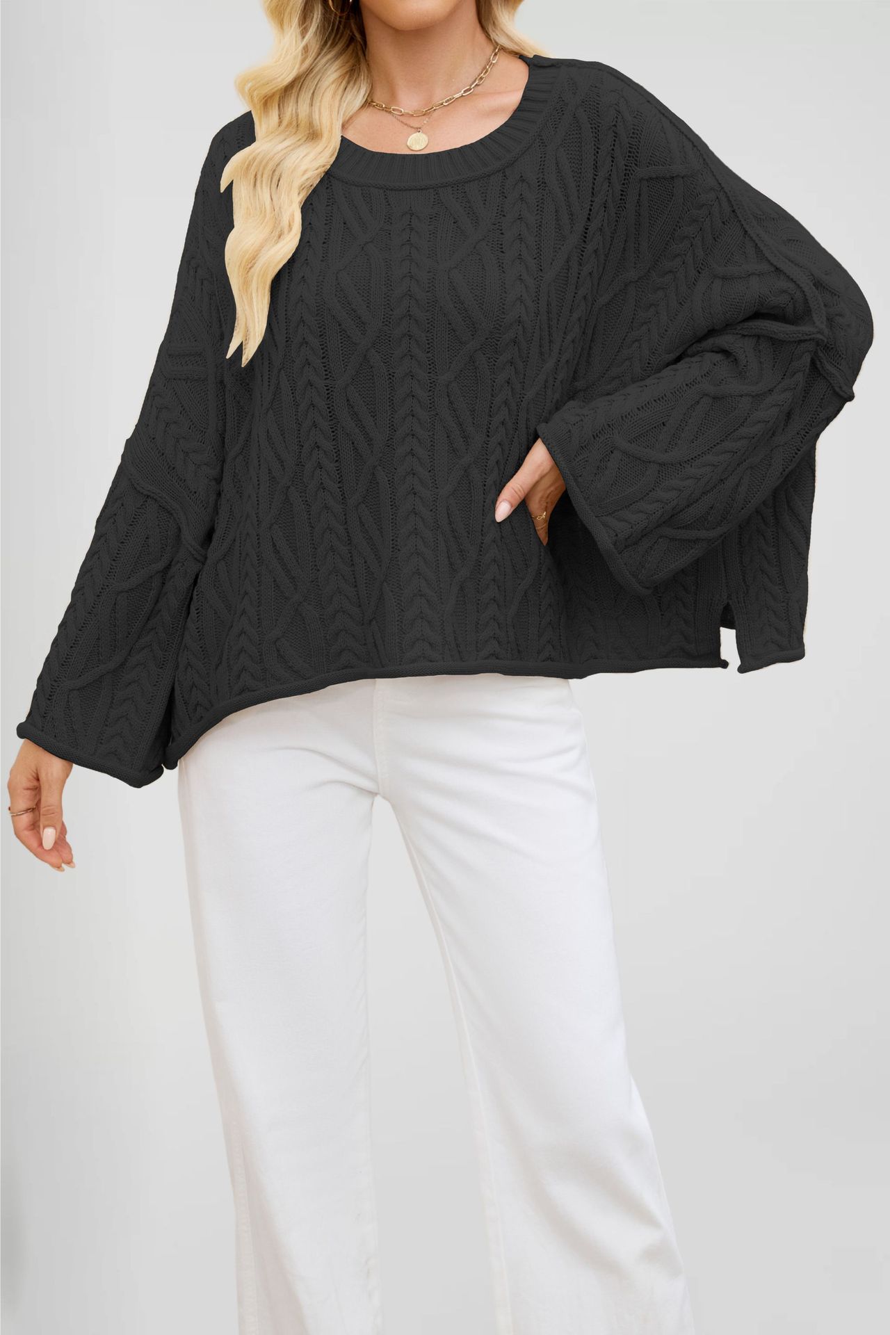 2 O-neck Short Cable Loose-fitting Solid Color Sweater