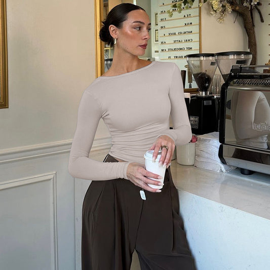 Slim Fit Slim Backless Solid Color Long-sleeved Top