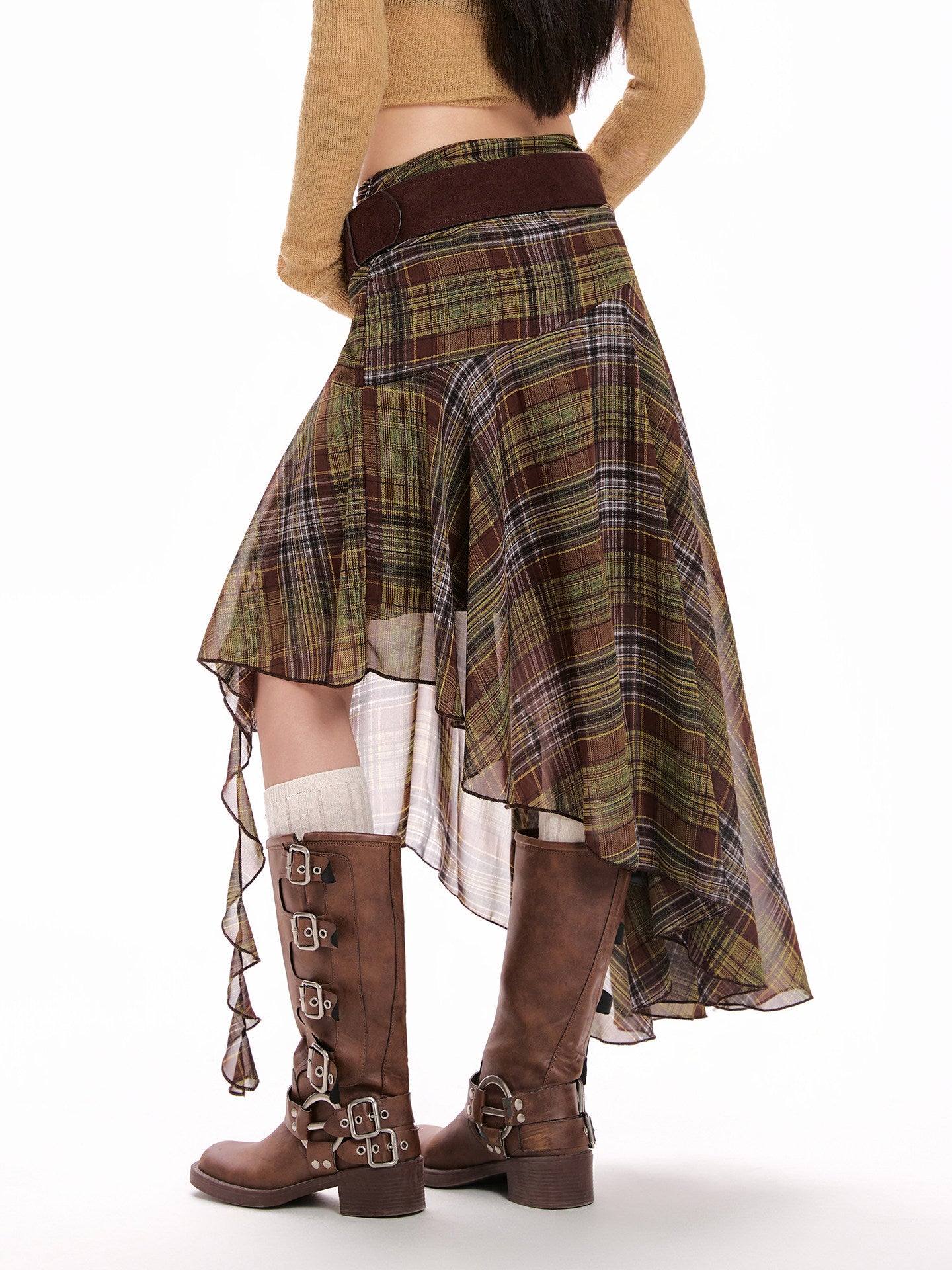 Green Chiffon Plaid Asymmetrical Skirt