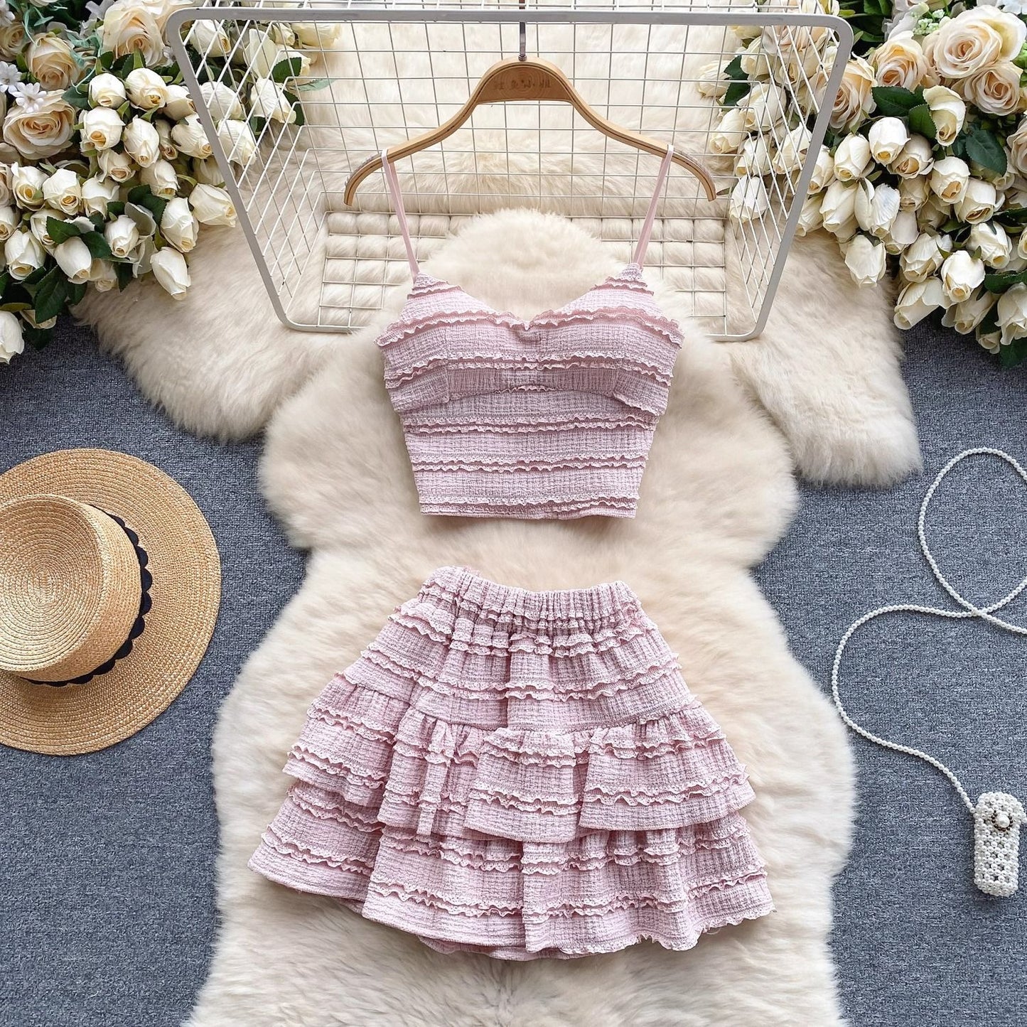 Lace Camisole And Ruffled Short Skirt Set