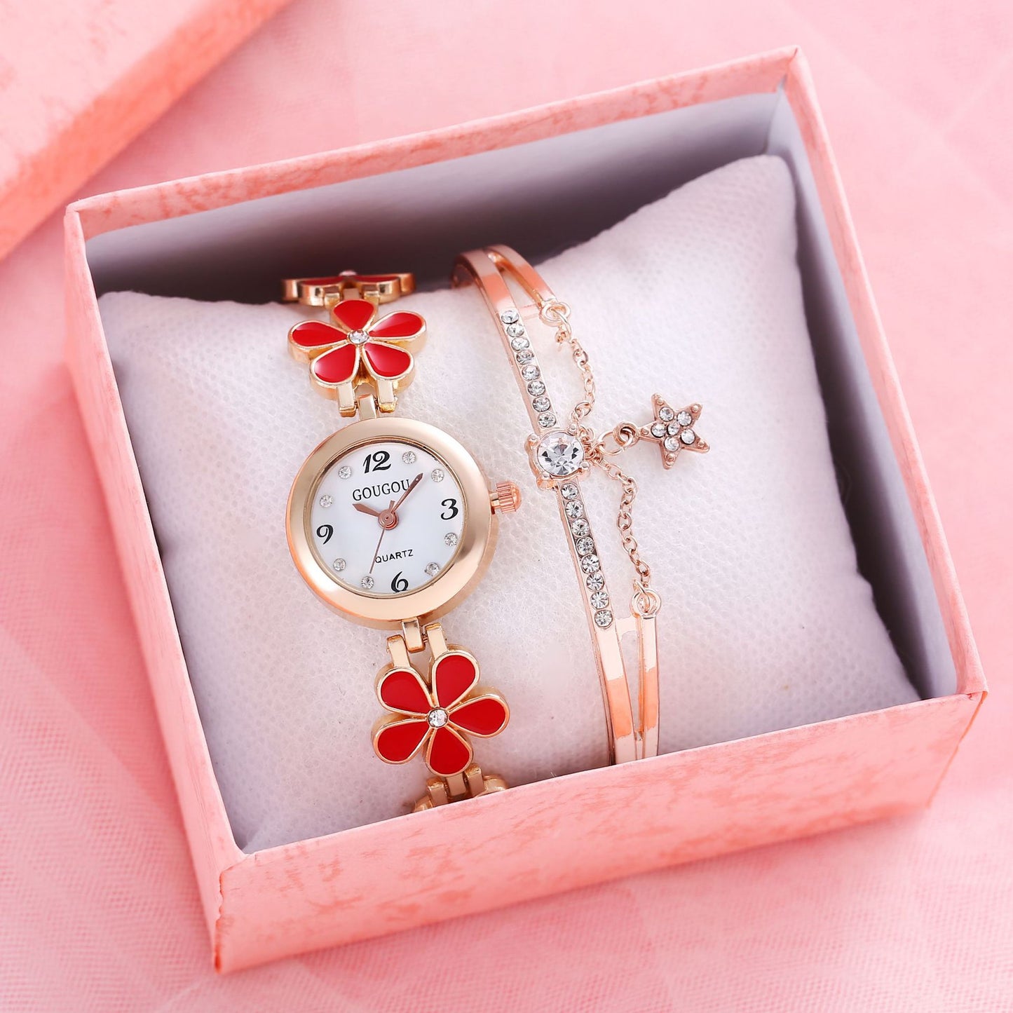 Damearmbåndsur Blomsterskive Armbåndssæt i to dele