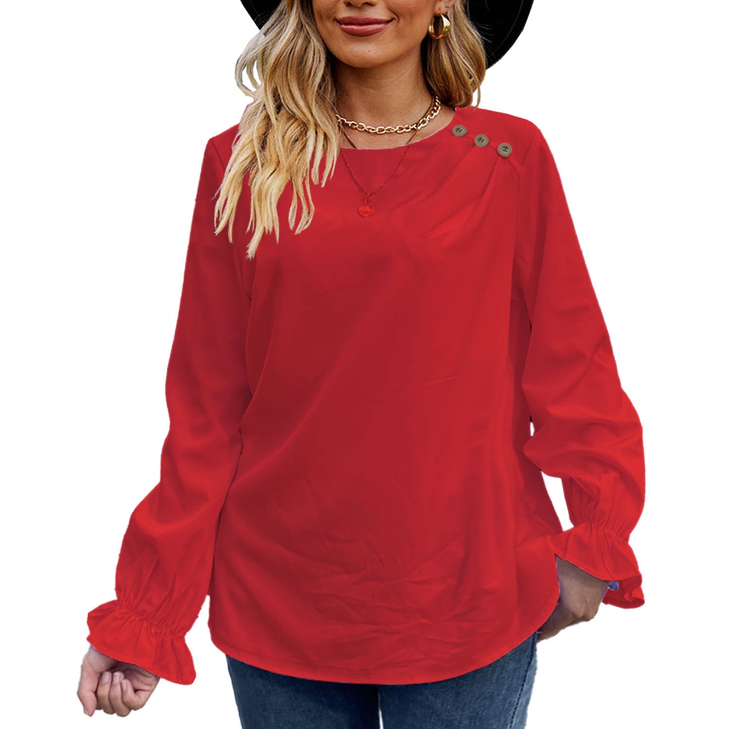 European And American Solid Color Buttons Loose Round Neck Long Sleeve Shirt