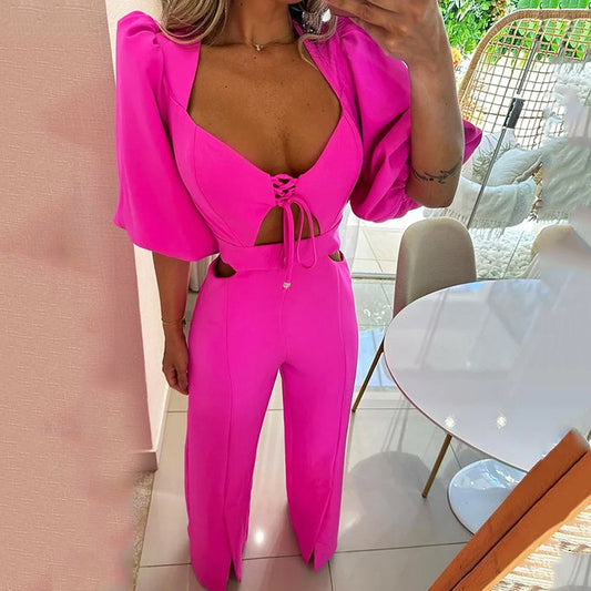 Summer Fashion V-neck Half Sleeves Midriff Outfit Loose Solid Color Jumpsuit
