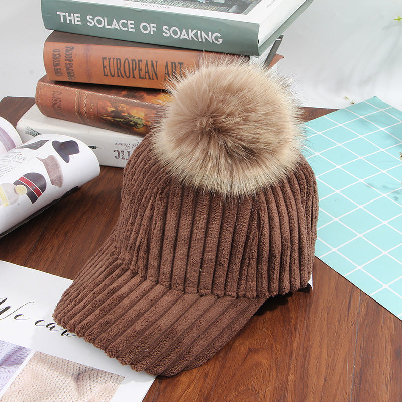 Ladies Fur Ball Solid Color Corduroy Hat
