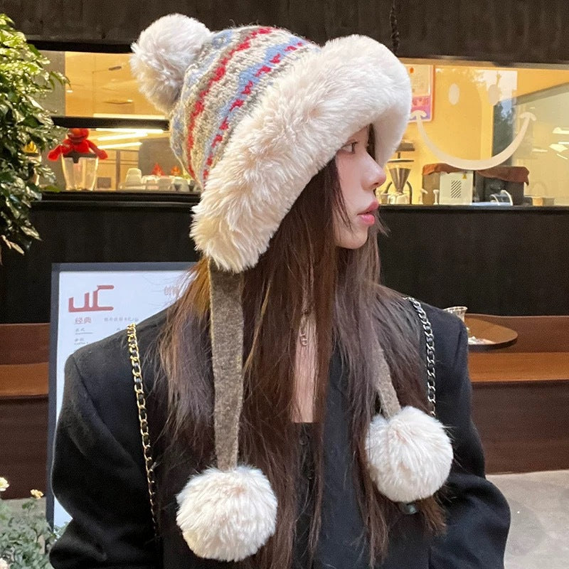 Retro Ethnic Style Plush Knitted Hat Women's Autumn And Winter Cold Protection Earflaps Woolen Cap