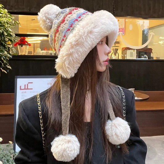 Retro Ethnic Style Plush Knitted Hat Women's Autumn And Winter Cold Protection Earflaps Woolen Cap