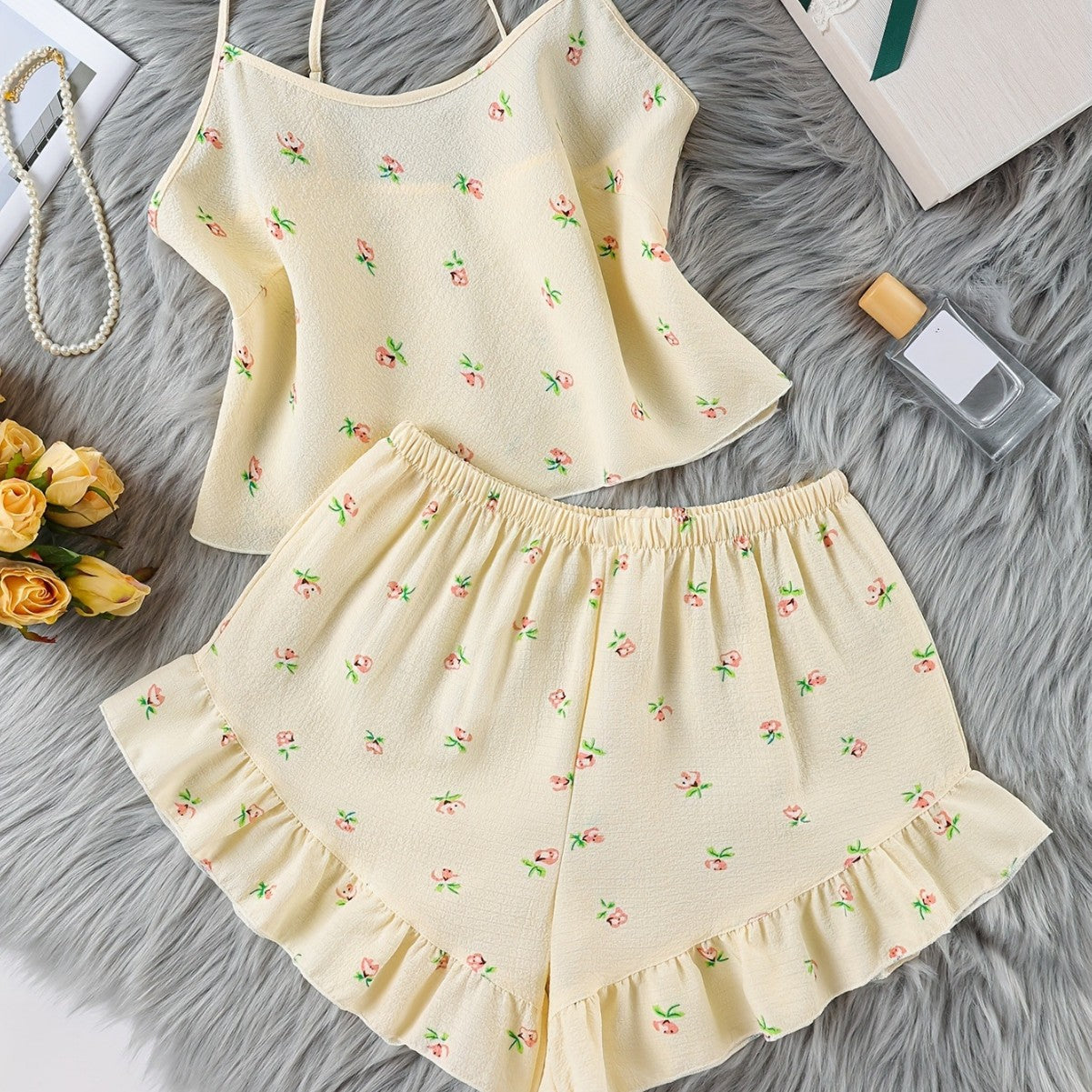 Womens Floral Bubble-Print Multi-Color Pleated Fabric Home Camisole Pajama Set