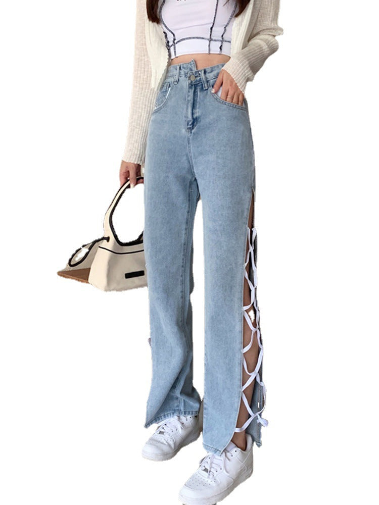 Side Slit Irregular High Waist Strappy Jeans Women's Spring Korean Style