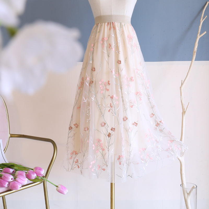 High Waisted Embroidered A-line Skirt Mesh