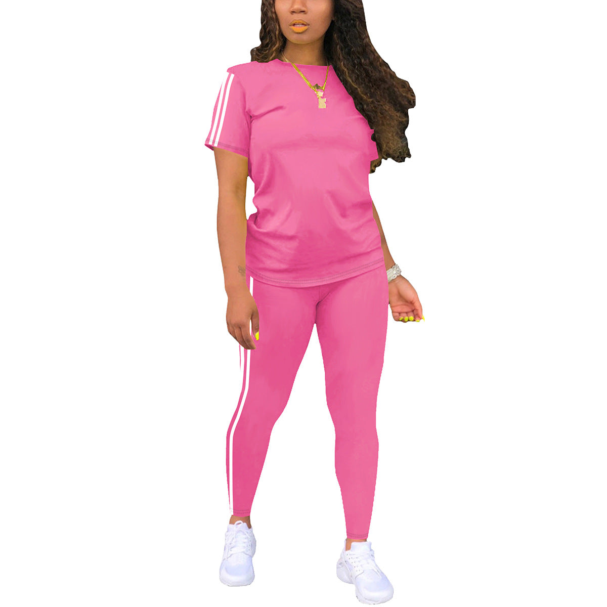 Round Neck Short-sleeved Top With Trousers Suit Side Stickers Women's Two-piece Suit