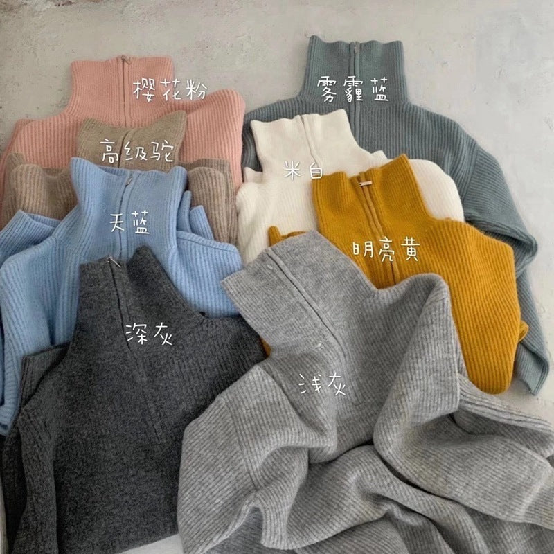 Women's Solid Color Loose Zipper Lapel Stand Up Sweater