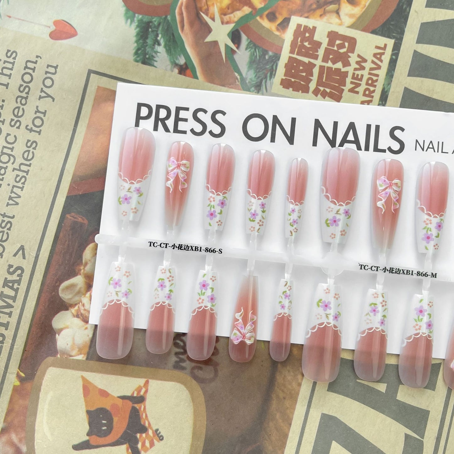 Small Floral Wear Prefabricated Nail Tip Long Ladder Velvet Seal Layer White