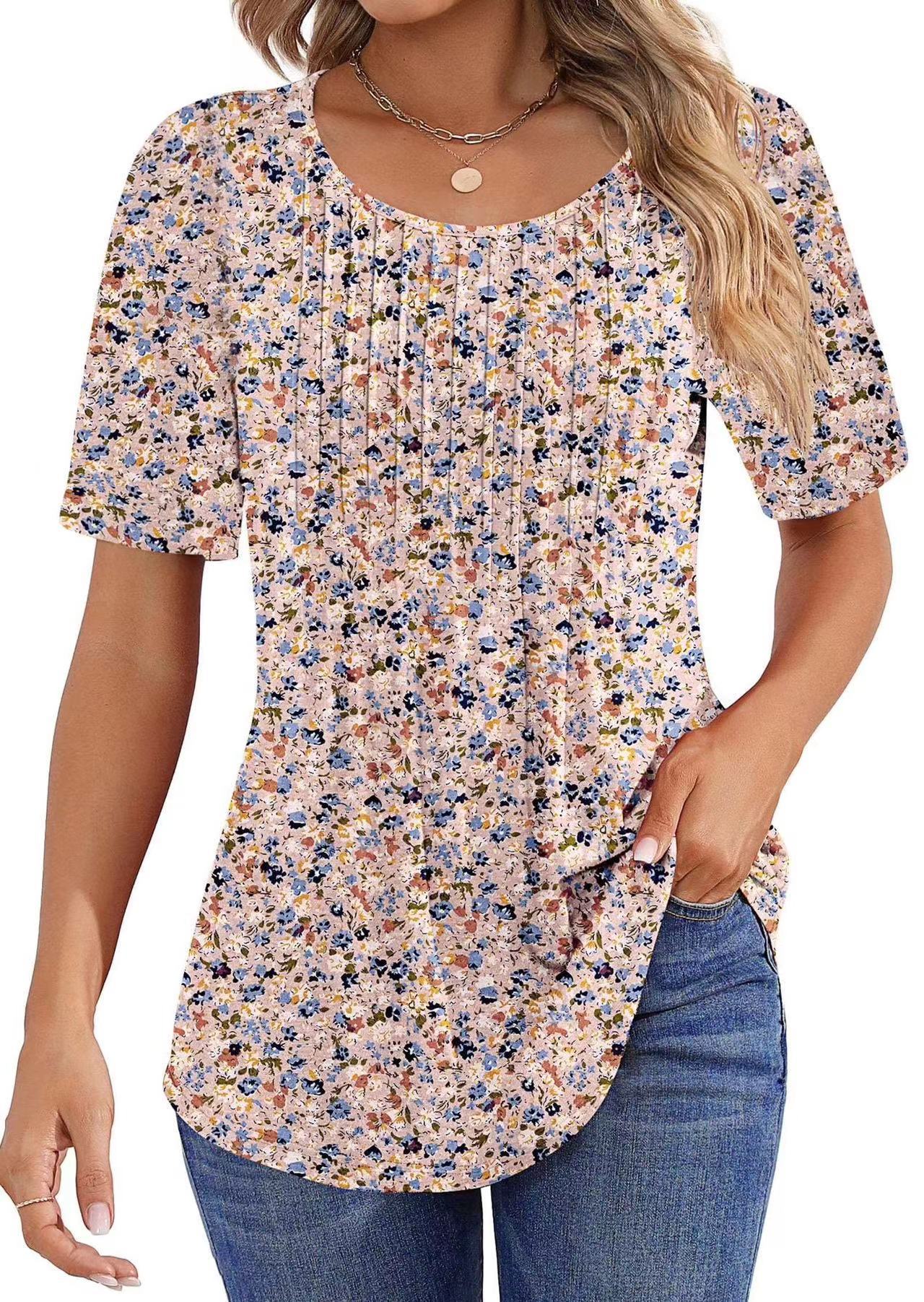 Round Neck Pleated Printed T-shirt