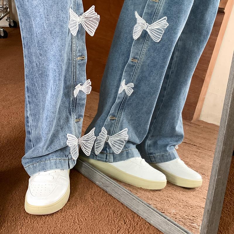 Bow High Waist Loose Straight Jeans