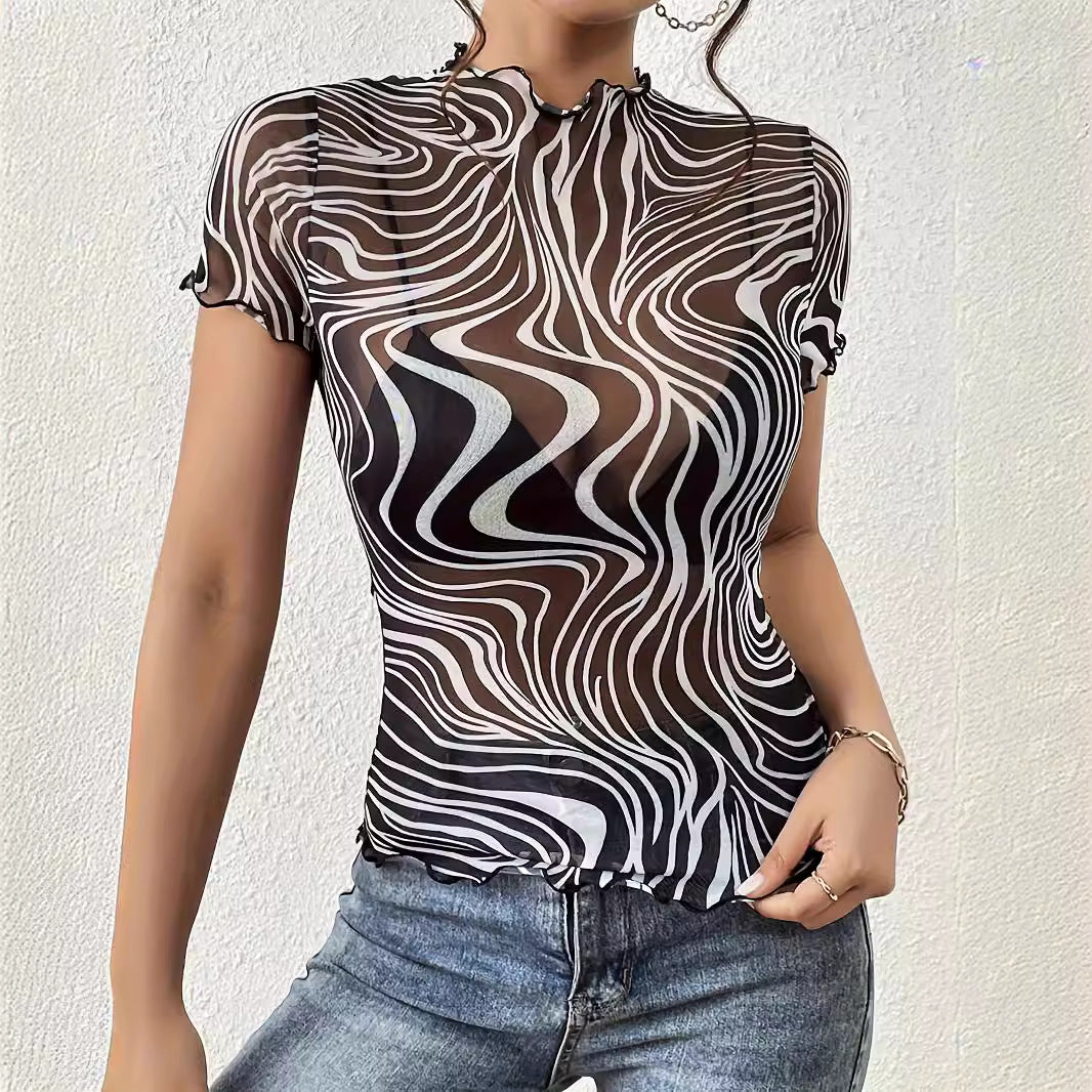 Elegant Womens Mesh Top With Floral Print Striped Design And Ruffle Trim Short Sleeves