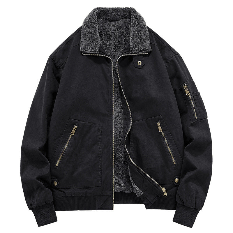Men's Fleece-lined Washed Cotton Jacket Trendy Windproof